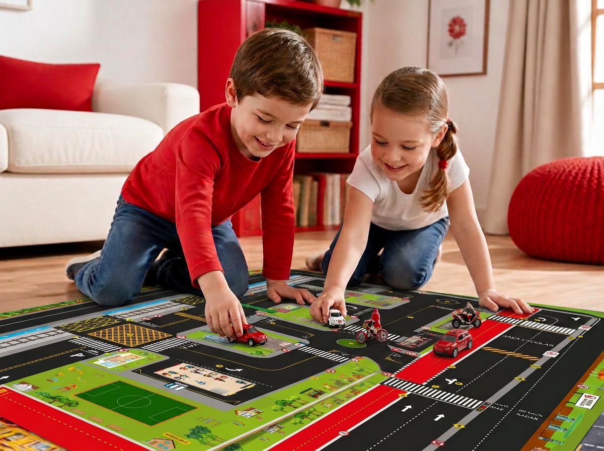 Crianças brincando com a pista Transitolândia Tech Móvel e os carrinhos em escala 1:43