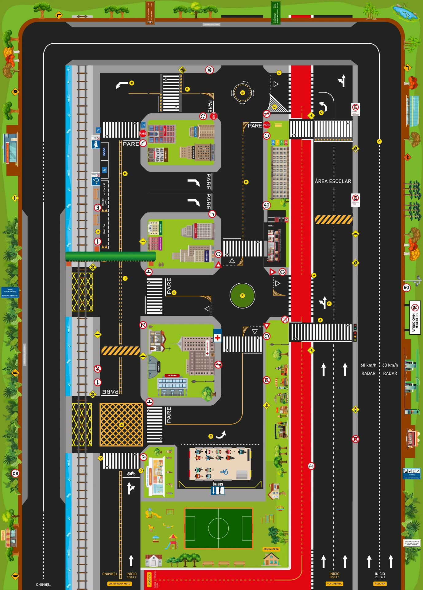 Vista completa da pista Transitolândia Tech Móvel com vias urbanas, rodovia, ciclovia, área escolar e sinalização oficial
