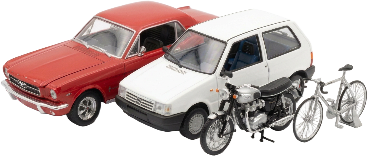 Kit de veículos em miniatura da Transitolândia: carro vermelho, hatch branco, motocicleta e bicicleta